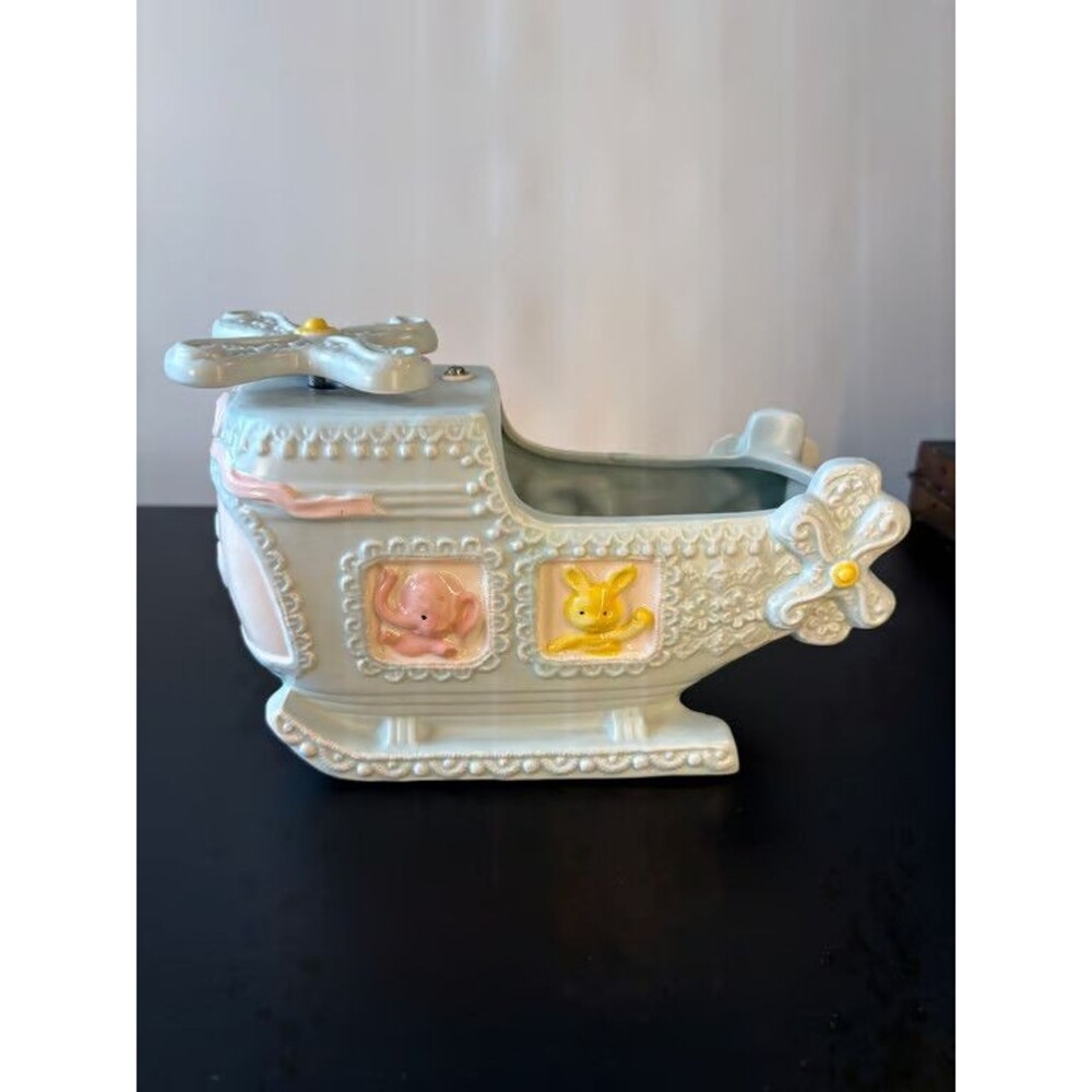 Napco Helicopter Baby Planter Music Box Brahms Lullaby 281 Japan Nursery Ceramic